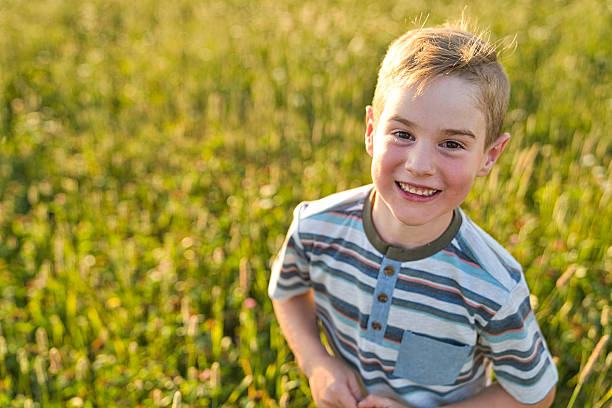 A Beautiful little boy in daisy field on sunset, summertime