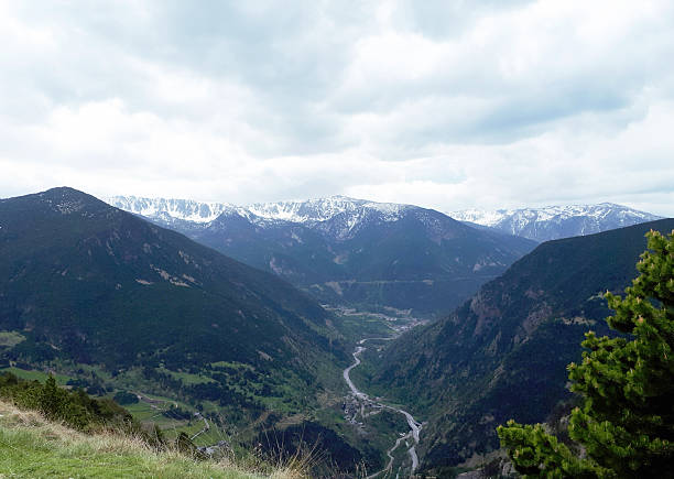 Beautiful landscape panoramic view of the Pyrenees mountains in Andorra, travel adventure background