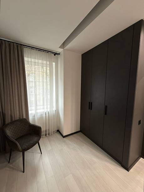 istock Modern Minimalist Room with Dark Wardrobe and Accent Chair 2248598449