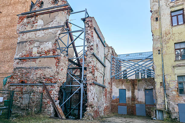 istock Historic brick building ruins with metal support frames in Old Riga, Latvia, under restoration 2248599361