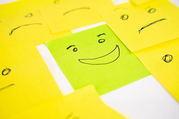 Happy green face surrounded by Angry and sad yellow post-it faces on White background. Horizontal orientation, and social concept.