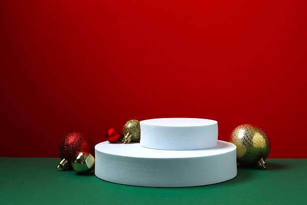 istock Beautiful composition with podiums and Christmas decor on two-tone background 2248609682