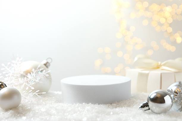 istock Beautiful composition with podium, Christmas decor and white snow 2248611072