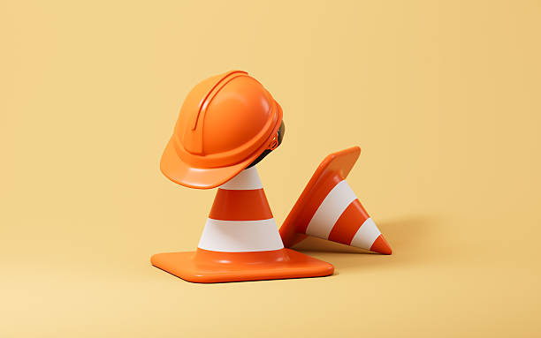 istock Cartoon safety helmet and traffic cone, 3d rendering. 2248637332