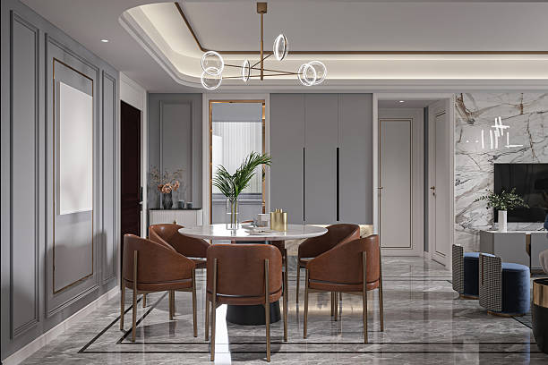 istock Luxury Modern Dining Room Interior with Round Marble Table and Brown Leather Chairs 2248650983