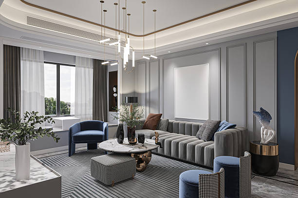 istock Luxury Modern Open-Plan Living Room Interior with Marble Feature Wall and Blue Velvet Accents 2248651012