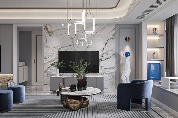 istock Modern Luxury Living Room TV Wall with Marble Slab Accent and Floating Console 2248651027