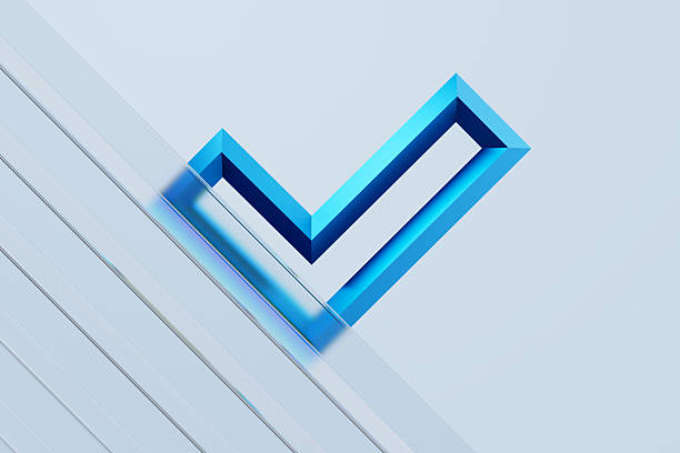 A sleek, abstract blue check mark form appears beside diagonal glass elements, conveying innovation, professionalism, and forward thinking in a modern corporate setting.