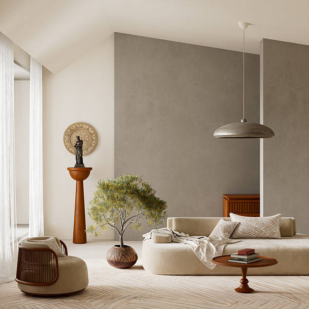 istock Soft neutral tones and natural textures shape this modern interior with sculptural decor, warm wood accents and soft daylight, offering clean text space for a calm visual composition 3D illustration 2248658219