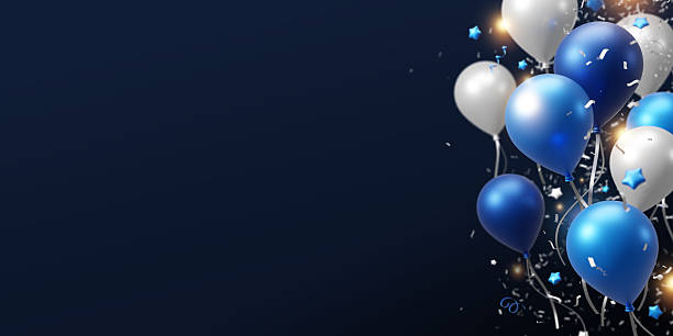 istock Blue and silver balloons with confetti on dark blue background with copy space 3D render 2248659875