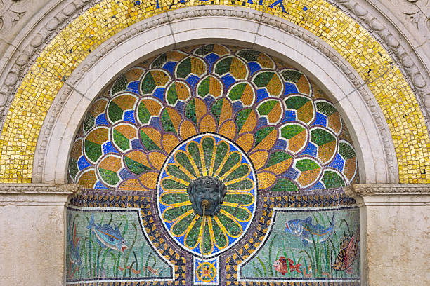 The Bluntschlibrunnen fountain decorated with mosaic was created in 1909 by Alfred Friedrich Bluntschli in Zurich, Switzerland.