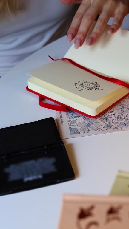 Woman's hands using a wooden stamp in a notebook or diary.