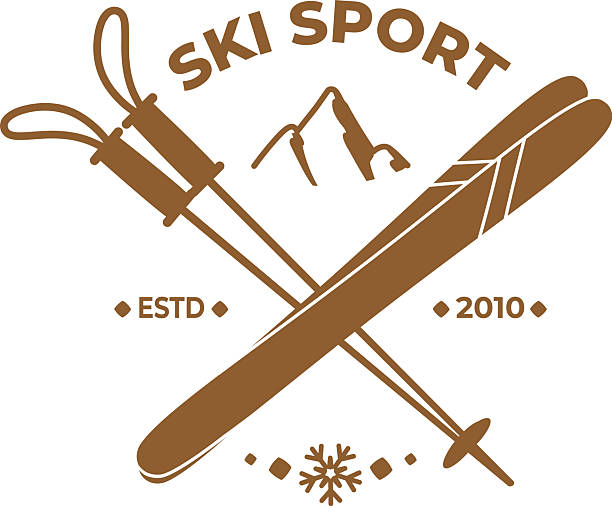 Ski crossed with pole, mountain silhouette, snowflake, ESTD 2010 badge in retro cartoon style. Symbol of adventure, winter sport, alpine club identity, heritage branding. Cartoon vector illustration.