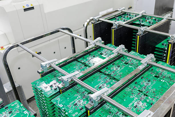 istock Stacks of green printed circuit boards in racks at modern electronics factory 2248669888