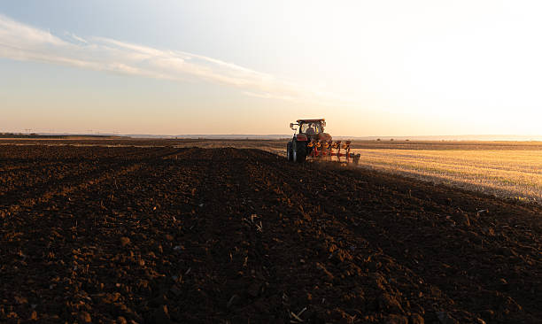 istock Tractor plowing field the land at sunset 2248671078