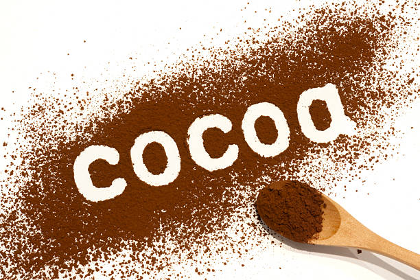 Ground cocoa powder lettering with wooden spoon creative image top view