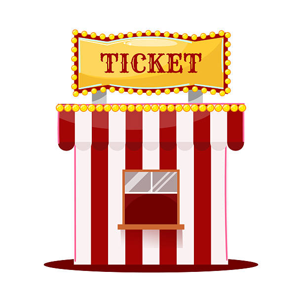 istock Vector striped ticket office, circus theme, red white stall, yellow signboard, show entrance icon, carnival ticket vendor 2248675605