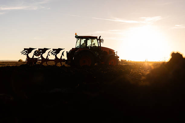 istock Tractor plowing field the land at sunset 2248677170