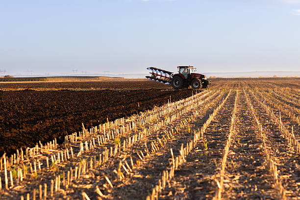 istock Tractor plowing field the land at sunset 2248677203