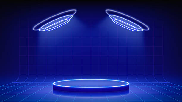 istock Futuristic blue stage, spotlights, podium. Mesh floor with round podium illuminated by circular blue neon, led. Background for displaying products, presentation. Backdrop. Showcase. Vector 2248680119