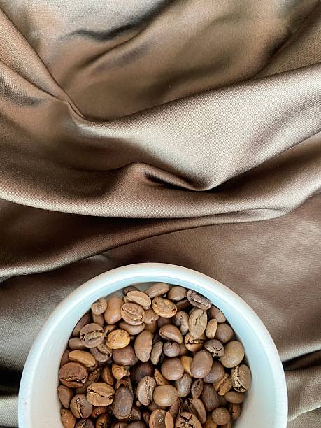 White bowl filled with coffee beans placed on soft brown textile