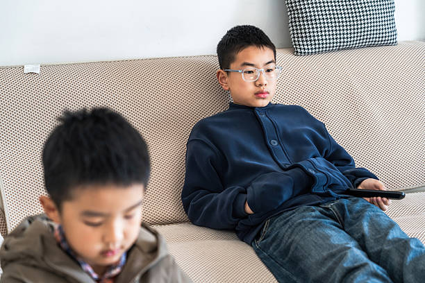 istock Two boys sitting on a sofa with one holding a remote control 2248683001