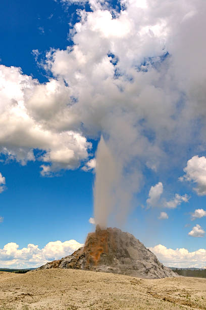 Steam and boiling water erupting from the White Dome Geyser in Yellowstone National Park. No people.