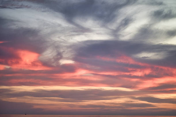 A wide view of layered clouds illuminated by pink, orange, and purple sunset light over a calm sea horizon. The sky displays mixed cloud textures and gradient tones.