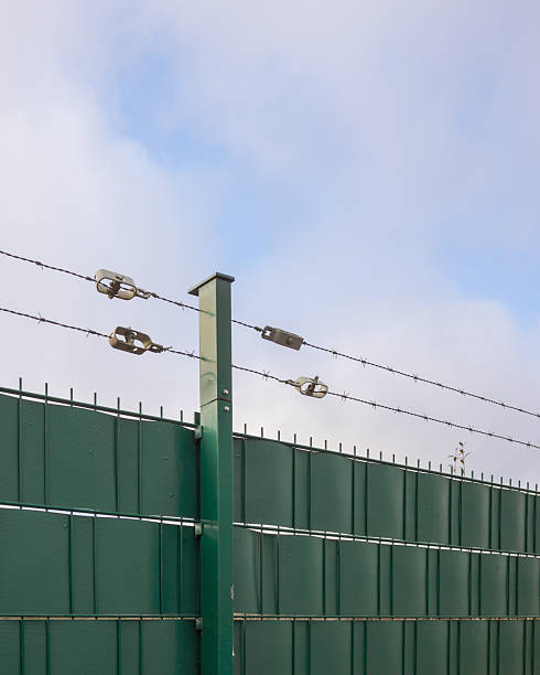 istock Green metal fence with barbed wire under cloudy sky 2248685039