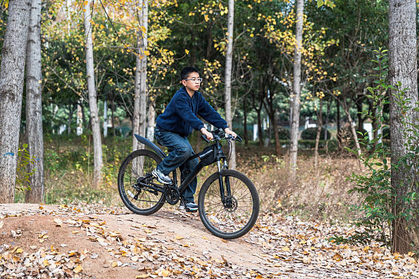 istock Boy riding bicycle in a forest with autumn leaves 2248685116