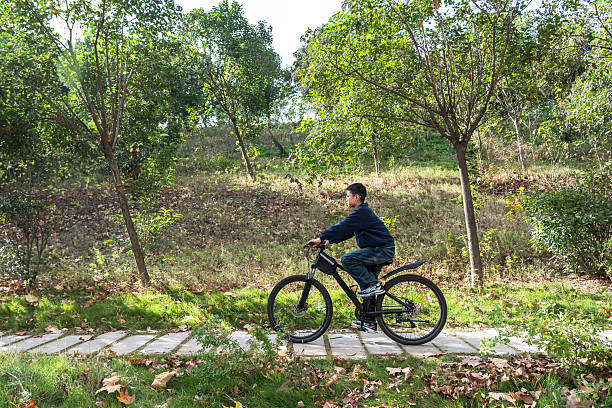 istock A boy riding a bicycle in a park with green trees around 2248685407