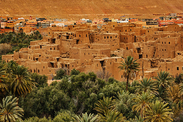 A desert Moroccan village of sun-baked mud-brick houses sits on a hillside, framed by lush palm groves and greenery in the foreground, blending arid architecture with oasis-like nature.