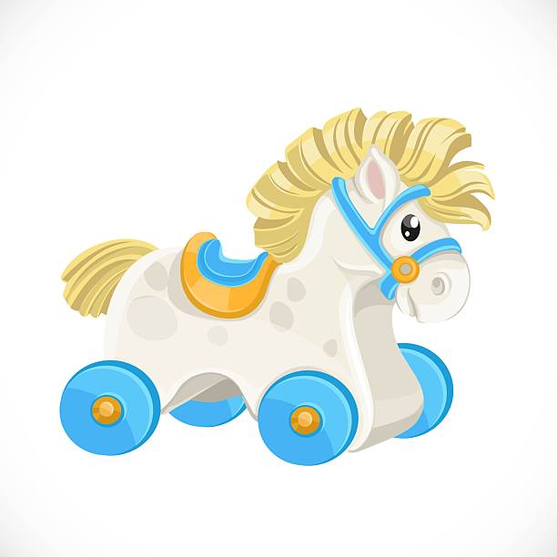 istock Children's toy horse on wheels with a blue saddle object isolated on white background 2248689442
