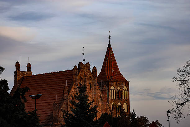 Gothic church with a tall spire and red tiled roof, partially hidden by trees under a light sky with clouds.