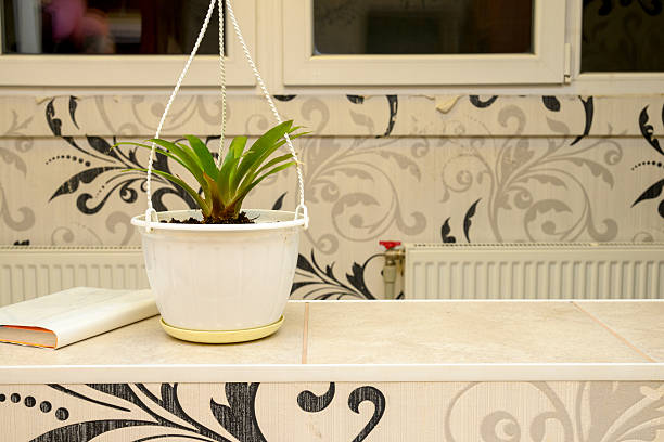 decorative flower with long green leaves hangs in white plastic planter against patterned wallpaper background decorating bright and cozy interior of modern living room
