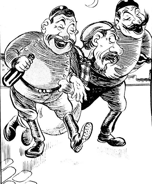istock Two laughing, corpulent policemen or night watchmen holding bottles support a bearded, drunk worker, all figures shown full length stumbling down a street at night, 19th century 2248695679