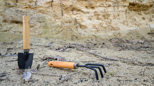 istock small shovel and garden rake on sandy ground near a cliff 2248702490