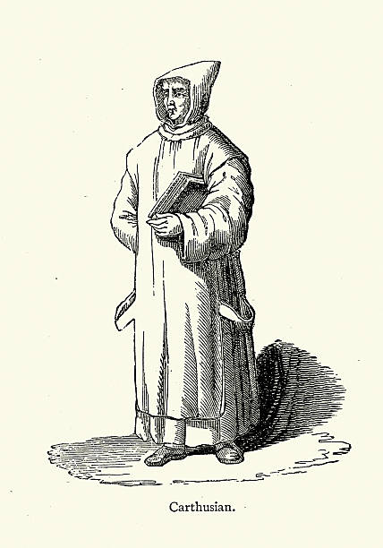 History, Fashion, Religious, Catholic Monk in habit, Carthusian, vintage illustration