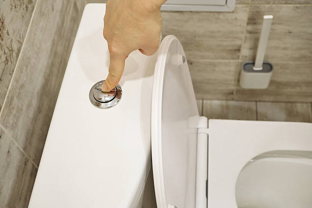 istock Person's hand pressing the dual flush button on white toilet, promoting hygiene 2248704332