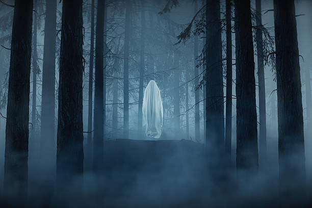 3D Rendering of a ghost covered with sheet floating behind fog
