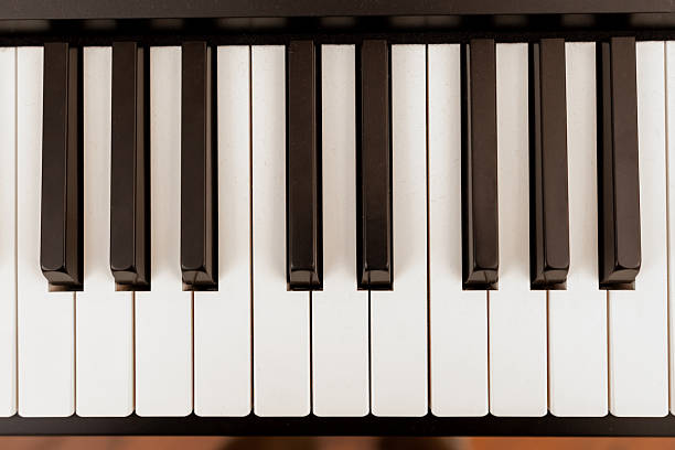 Close-up overhead shot of piano keys in an elementary school in Northumberland, North East England.Videos similar to this scenario available.