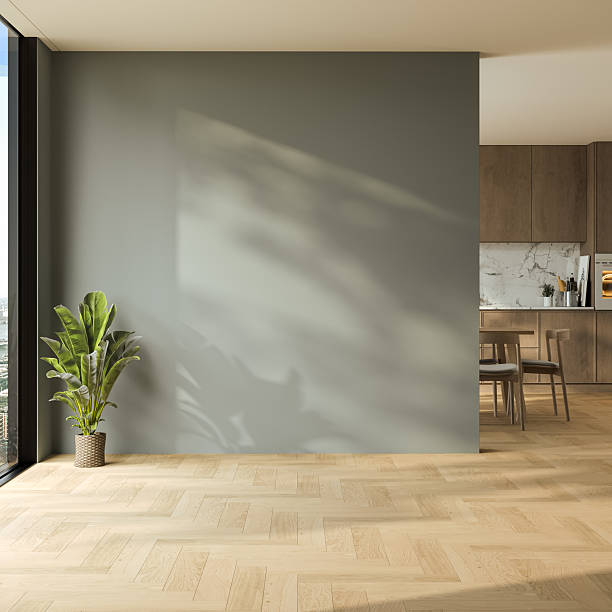 istock Modern interior design of apartment, kitchen, dining room with table and chairs, empty living room with blue tones wall, panorama. 2248706414