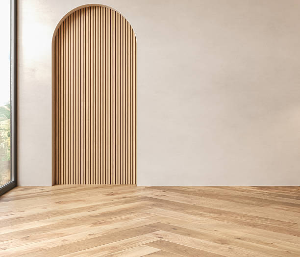 istock Minimalist interior with arched wooden niche, soft daylight, and herringbone floor. Perfect for mock-up or architectural visualization. 3D render. 2248706454