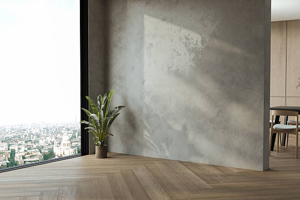 istock Modern interior design of apartment, kitchen, dining room with table and chairs, empty living room with concrete wall, panorama. 3d Rendering 2248706760