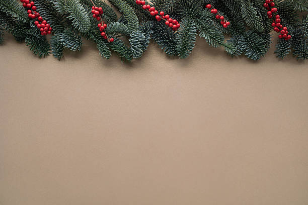 istock Top view composition of fir branches with red berries on beige background with empty space. Christmas and New Year frame or border. 2248710358