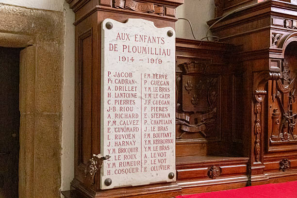 Ploumilliau (Plouilio), France. Monument to First and Second World War fallen inside the Eglise Saint-Milliau (St Miliau Church)