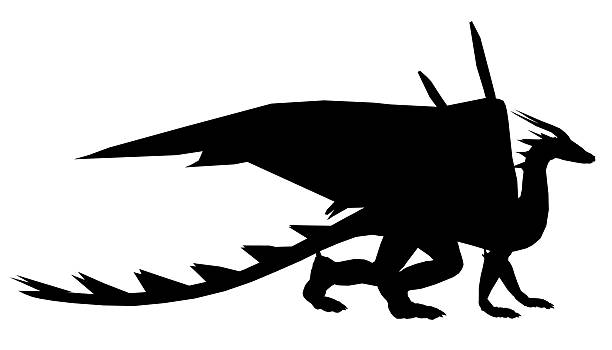 istock Black dragon silhouette with spread wings and sharp claws, depicted in a clipart style on a white background. Its bright yellow eyes and deep black scales create a majestic appearance. 2248711715