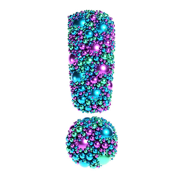3D Exclamation Point shape made of multi-colored random spheres resembling shiny metallic beads, producing playful festive theme, logo design element.