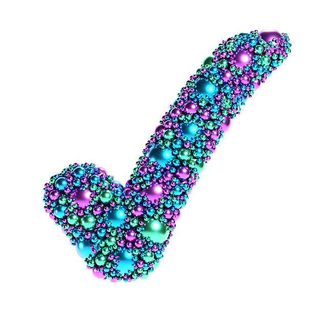 3D Tick Symbol shape made of multi-colored random spheres resembling shiny metallic beads, producing playful festive theme, logo design element.