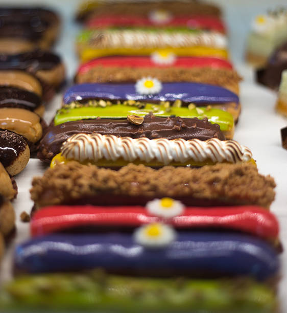 Paris, France: Row of Colorful Gourmet Eclairs Bakery Retail Display